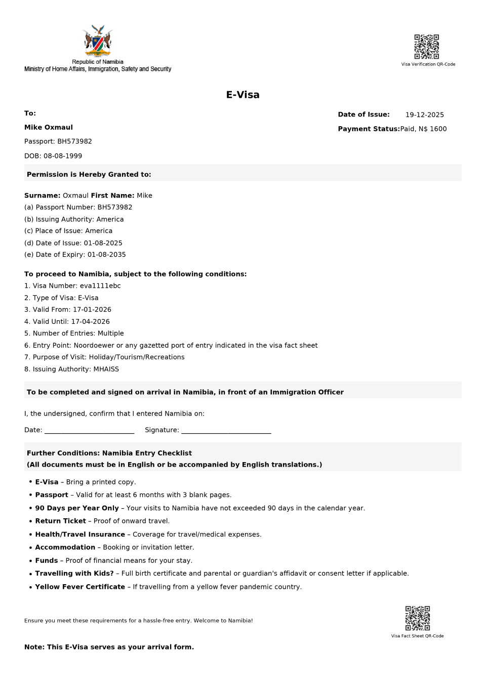 Namibia Electronic Visa Approval