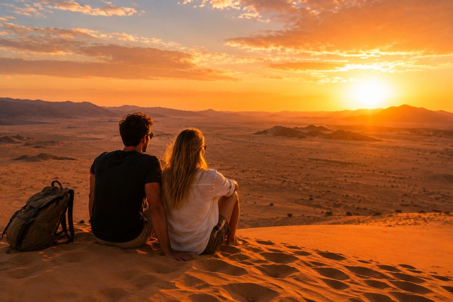 A Couple Watching The Namibia Desert Sunset Together