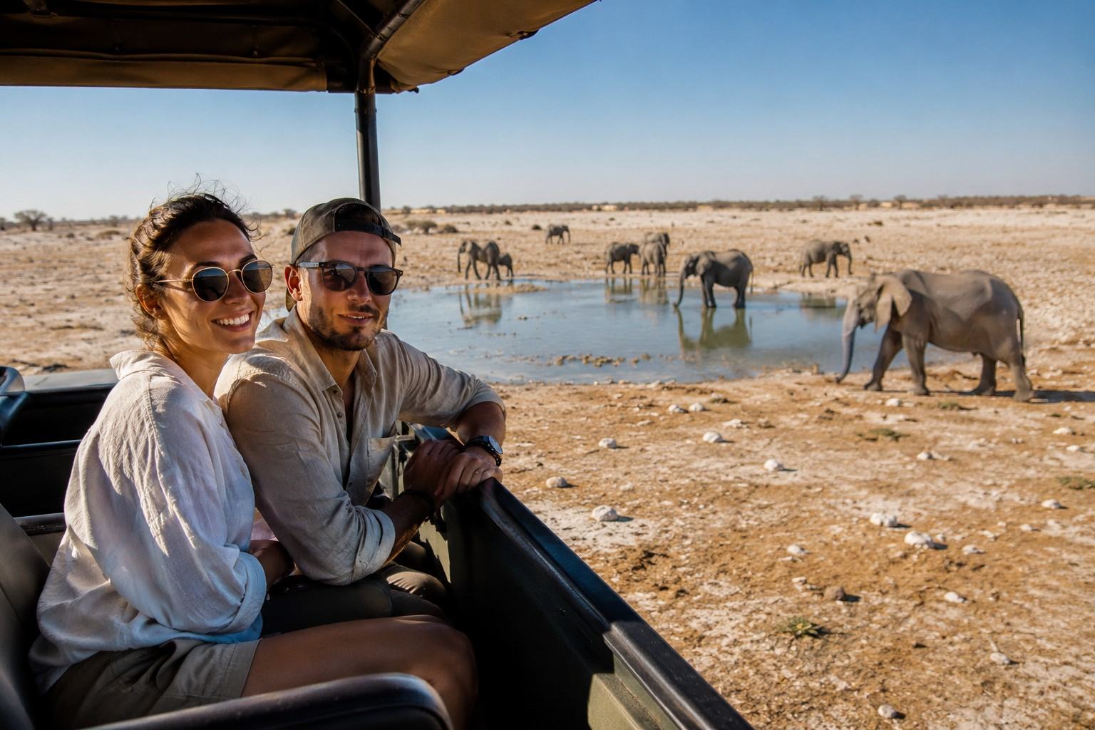 Couple Enjoying Safari At Etosha National Park