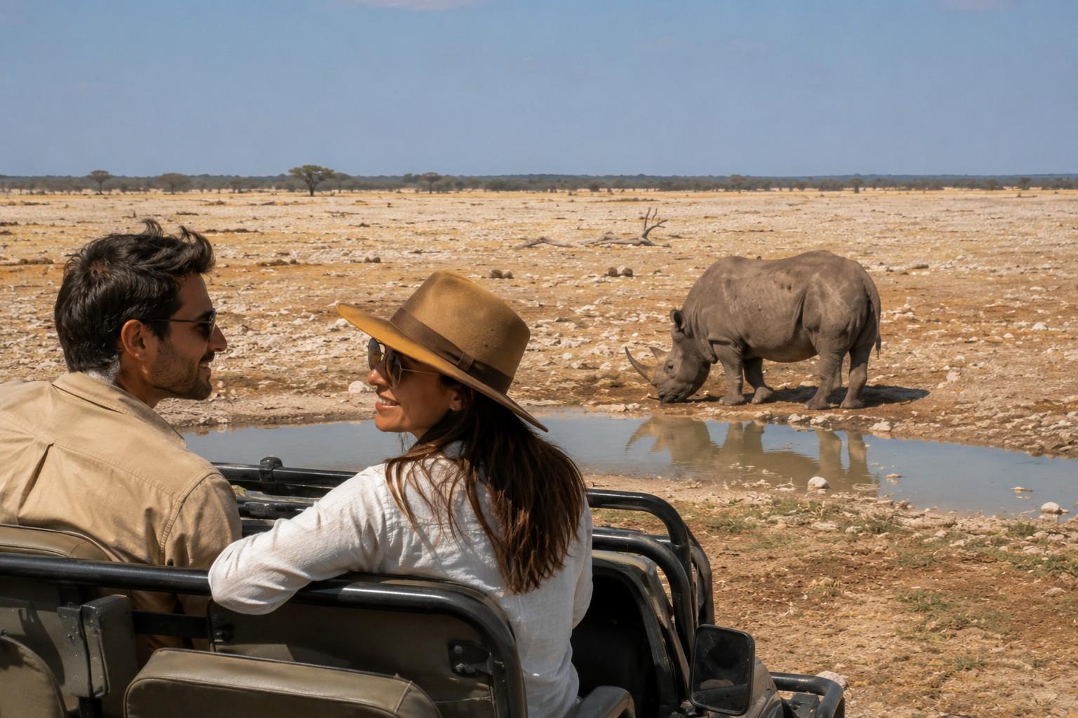 Couple Spotting Black Rhino In Etosha