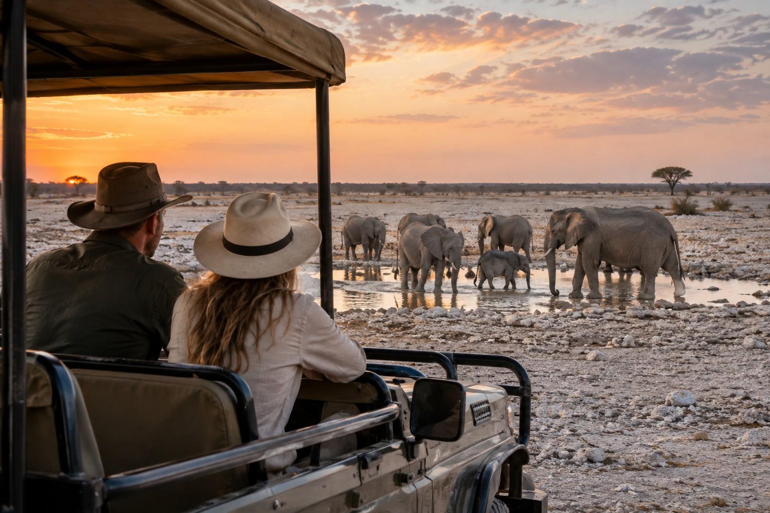 Couple Watching Elephants In Etosha National Park