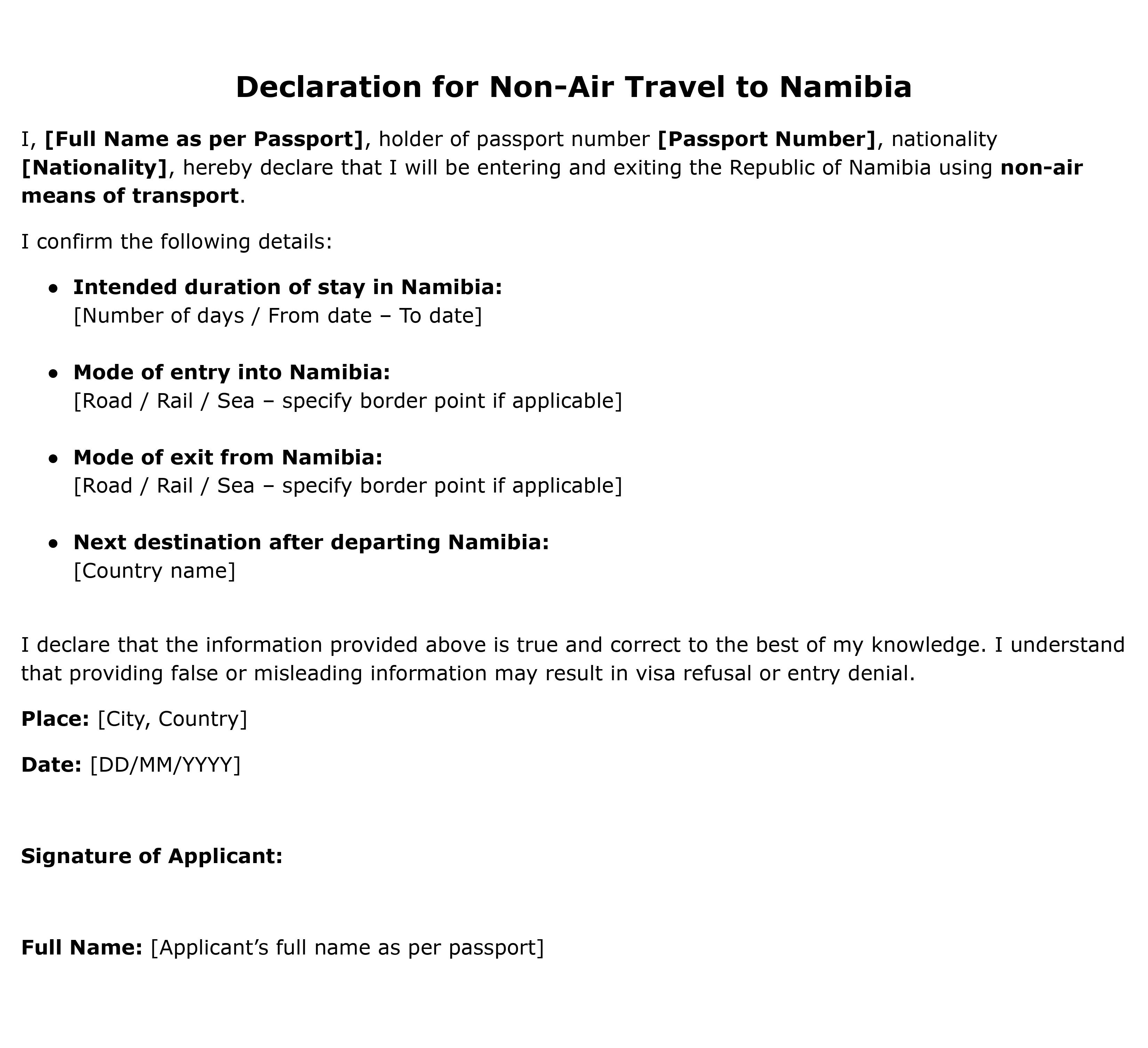 Declaration For Non Air Travel