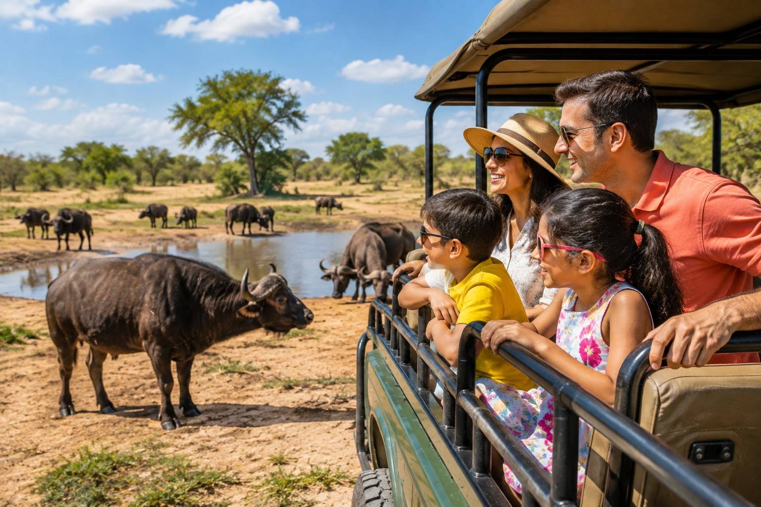Family Watching African Buffalo On Safari