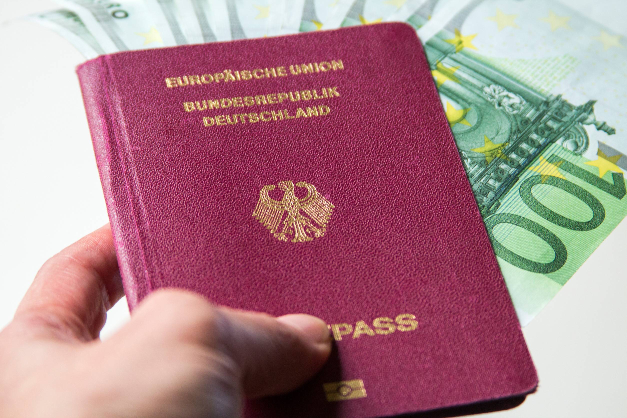 German passport with euro banknotes