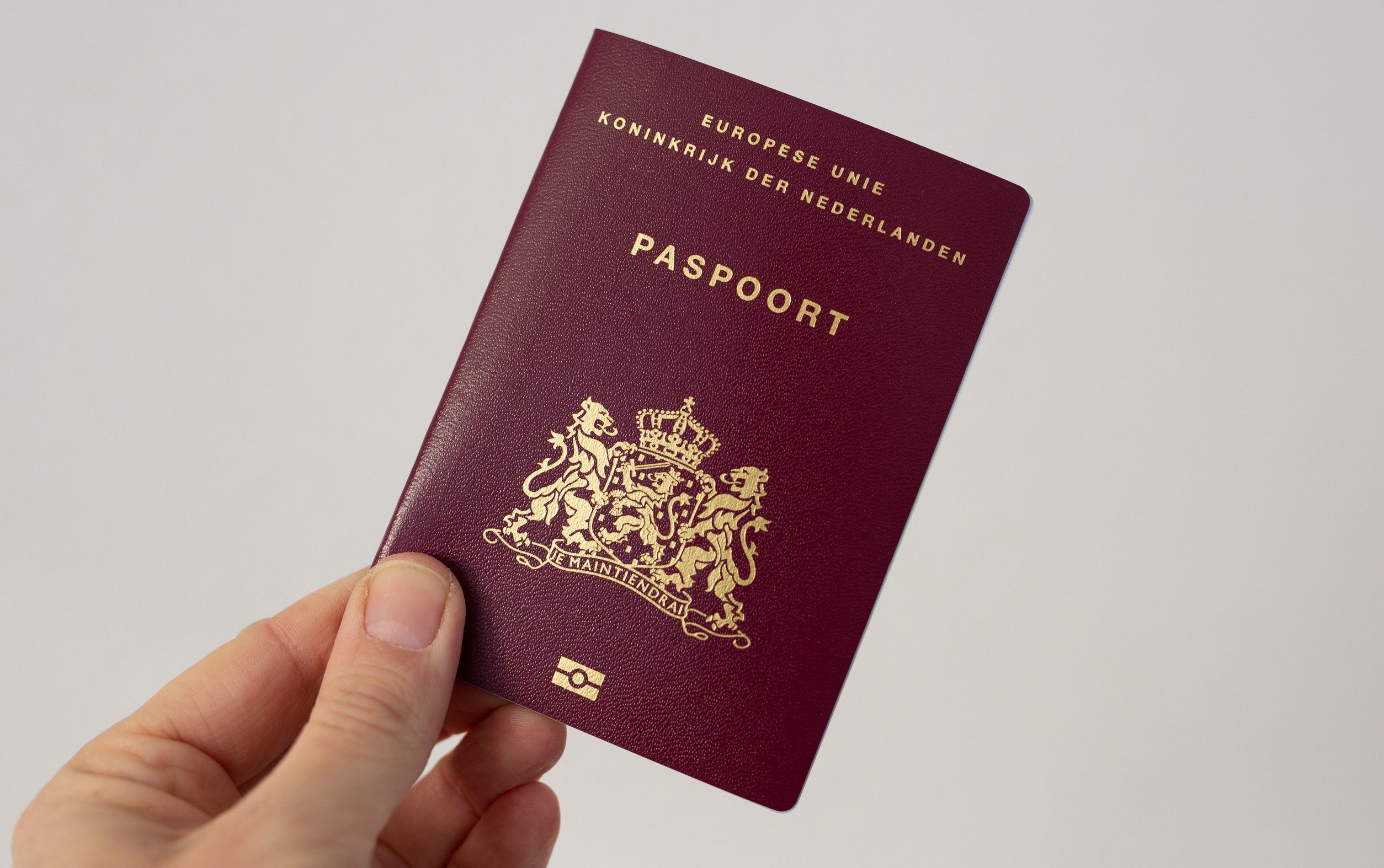 Hand holding a Dutch Passport
