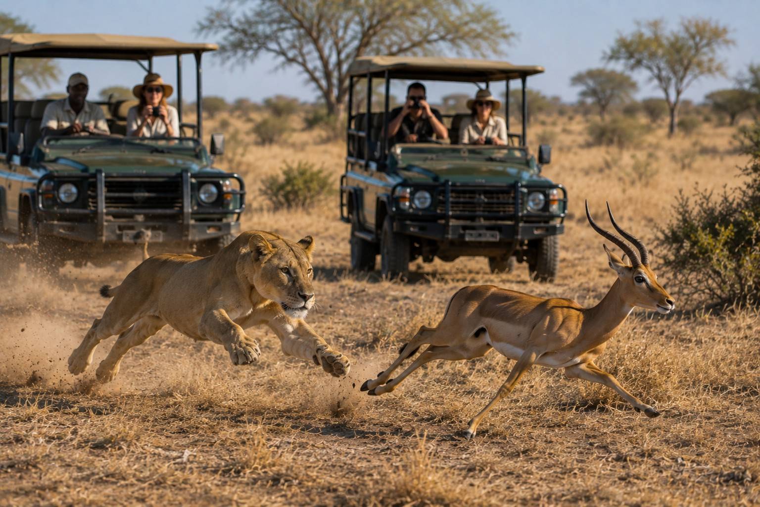 Lion Chasing Antelope During A Safari Drive