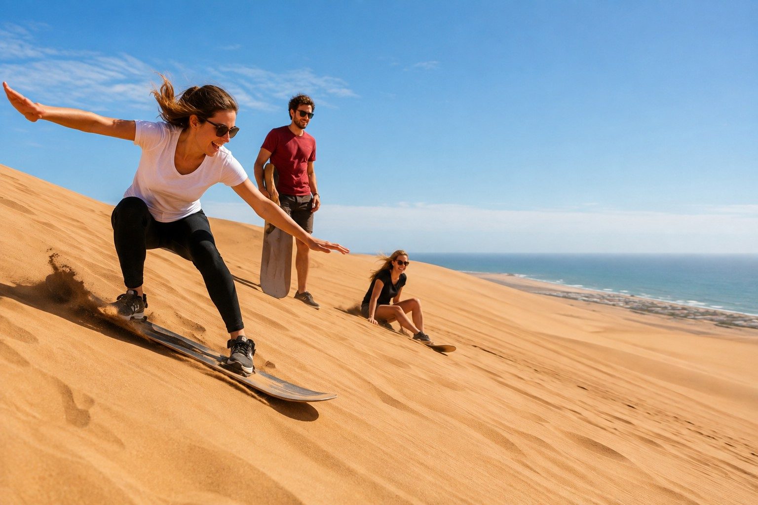People Sandboarding On The Swakopmund Dunes
