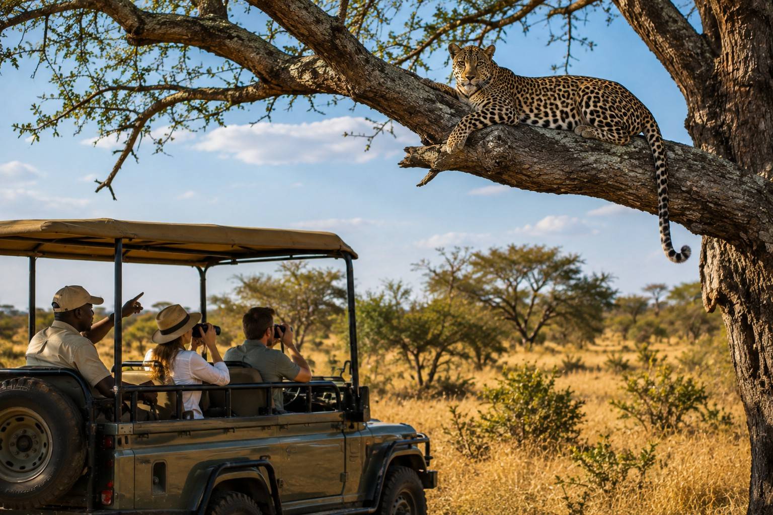 Safari Guide Spotting A Leopard In A Tree