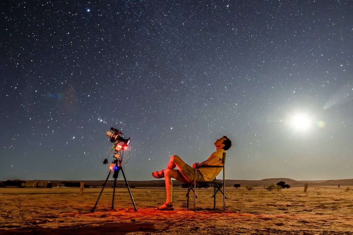 Stargazing With A Telescope Under The Night Sky