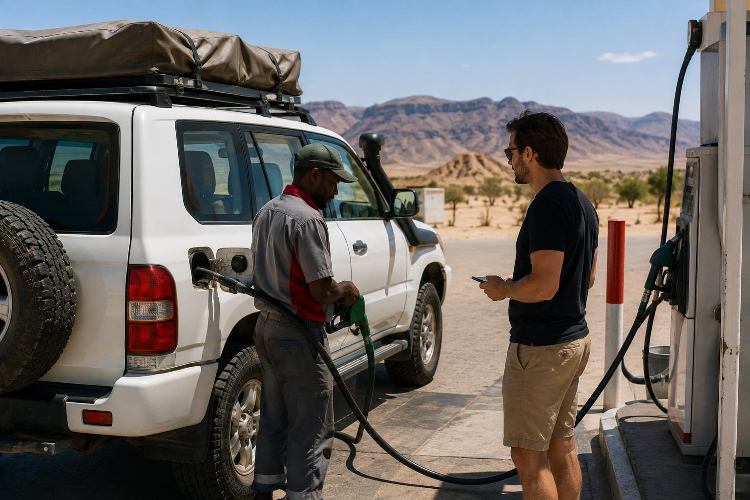 Traveller Refuelling A Four Wheel Drive In Namibia